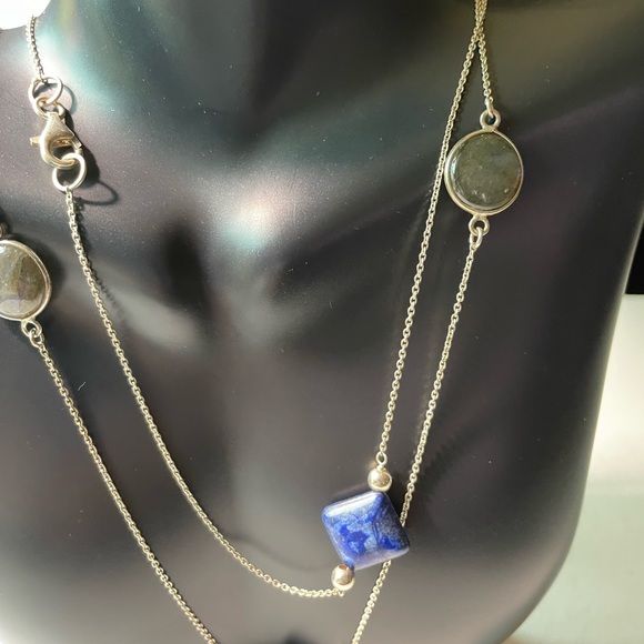 Lapis and Round Labradorite 925 Sterling Silver Station Necklace 36” - Picture 9 of 15